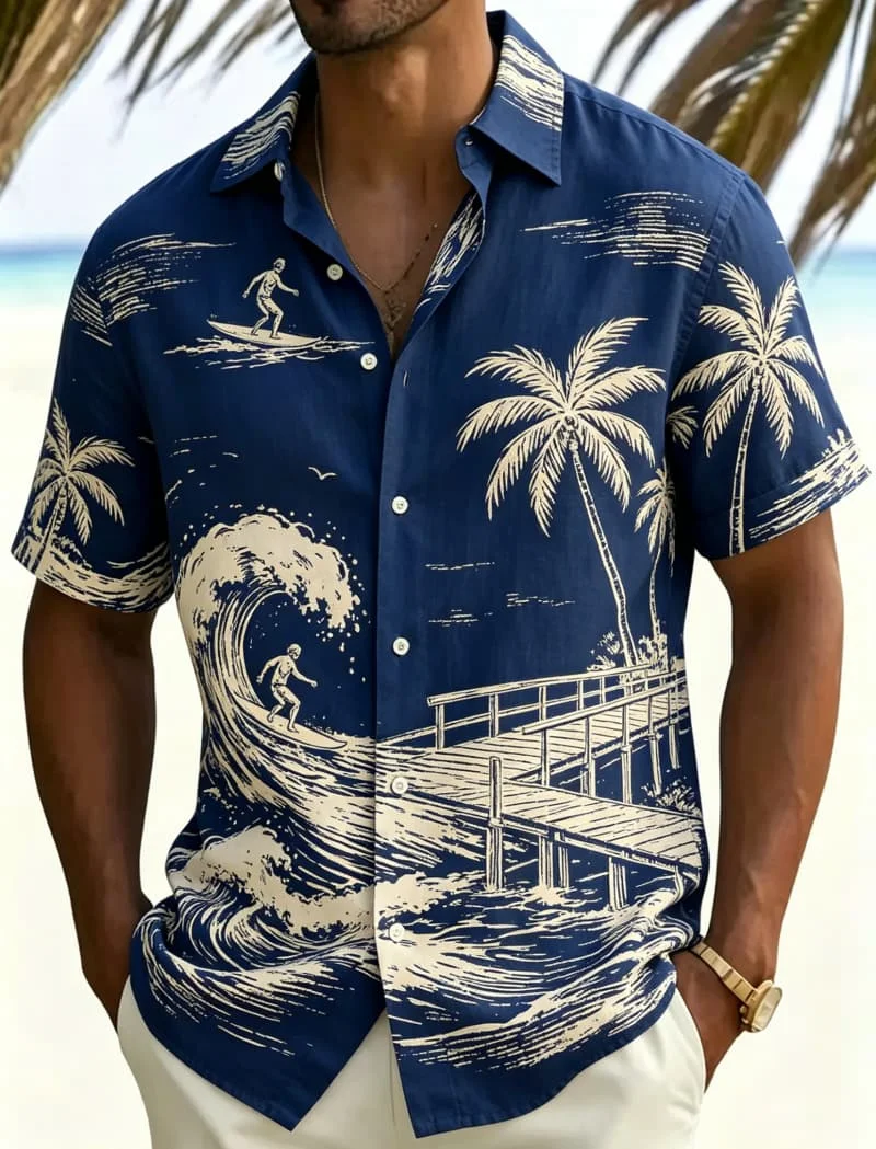 Men's Retro Hawaiian Scene Vacation Short Sleeved shirt, For Summer dressing, Casual activities, And Versatile Tropical Style