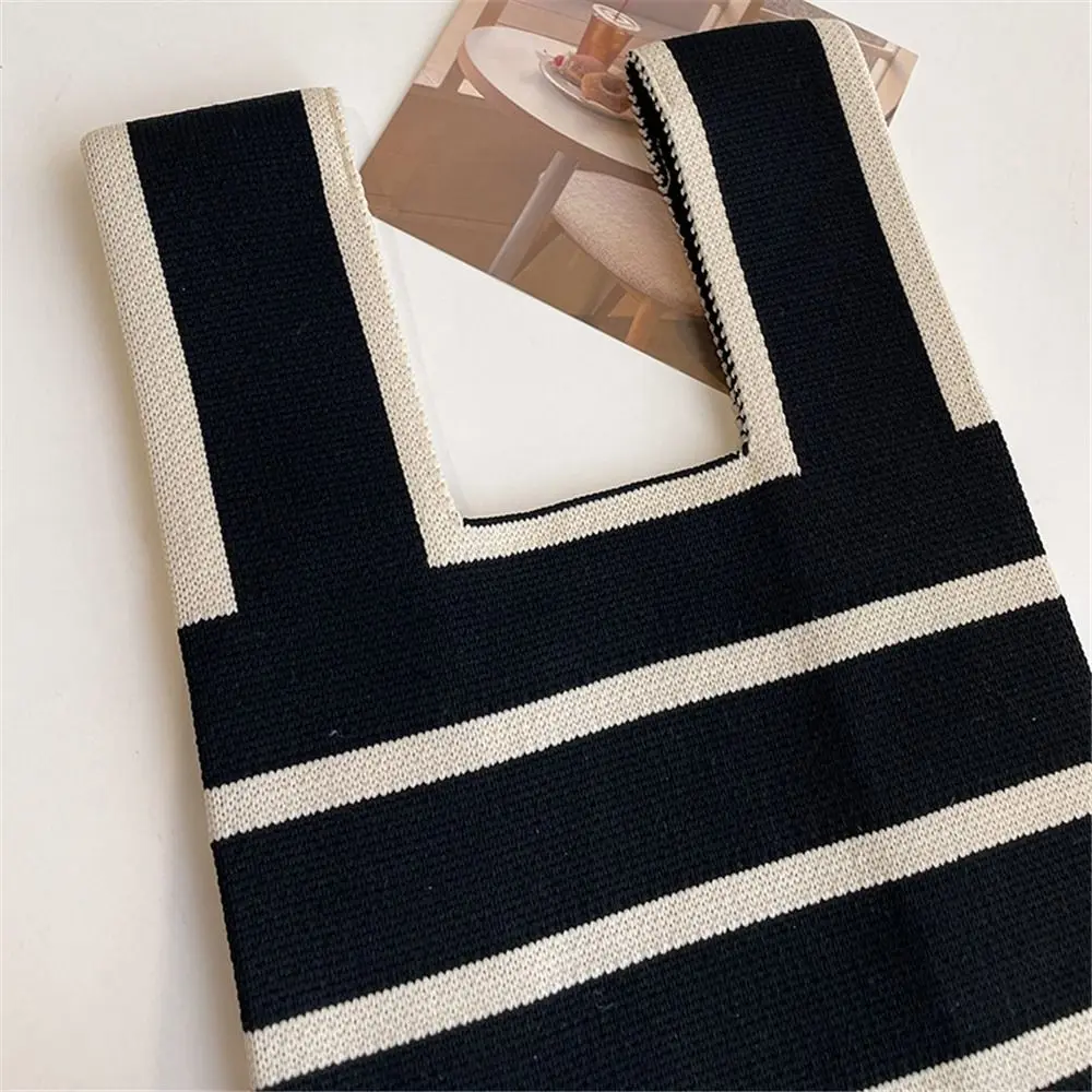 Women Reusable Wide Stripe Shopping Bags Knot Wrist Bag Knit Handbag Plaid Tote Bag