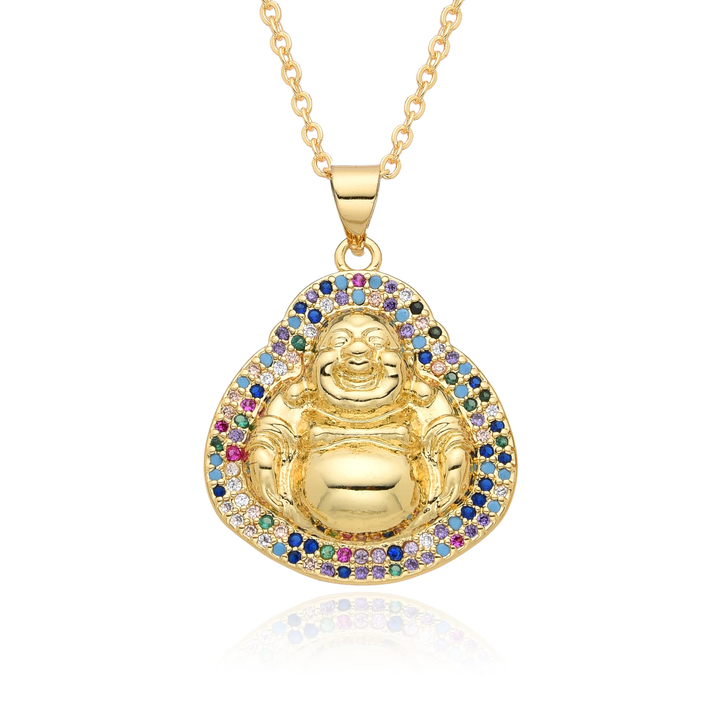 Gold Color Amitabha Buddha Water-lily Umbrella Charms Multicolor Zircon Necklace for Women Choker Pendant Jewelry Accessories