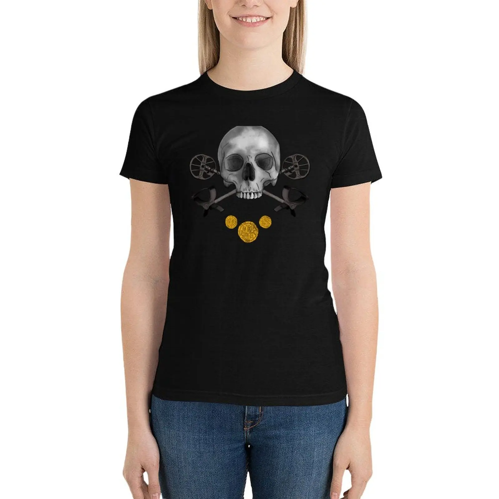 Metal Detector crossbones with skull T-Shirt korean fashion Female clothing summer tops Blouse Women t shirt