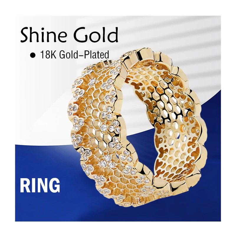 18K Shine Gold Honeycomb Lace Statement Rings For Women 925 Sterling Silver Original Jewelry Drops Of Clear Zircon Stones Gifts