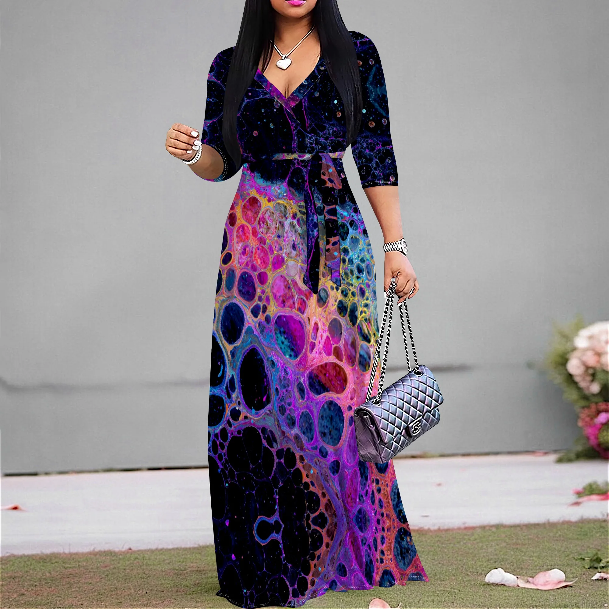 

"Floral Wrap Maxi Dress for Women, Pink 3/4 Sleeve, Elegant Plus Size S-3XL, Perfect for Spring Parties & Occasions"