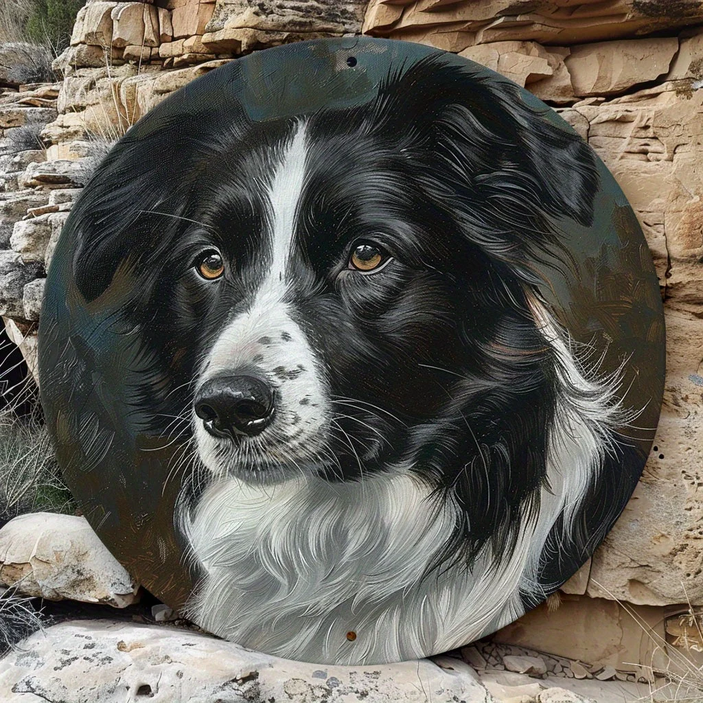 1 Stück rundes Aluminium-Metallschild „Ein faszinierendes Porträt eines intelligenten Border Collie“, mit Alarmaugen und einzigartigem Wanddekor für