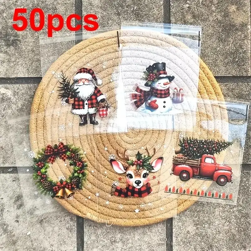 50/100pcs Christmas Gift Wrapping Bags With Snowflake, Santa Claus, Reindeer, And Holly Print Self-Adhesive Packaging Bags