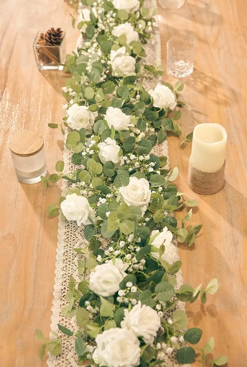 1/2PCS 5.91FT Artificial Eucalyptus Garland with Flowers, Fake Rose Gypsophila Garland, Faux Floral Garland Greenery Garland