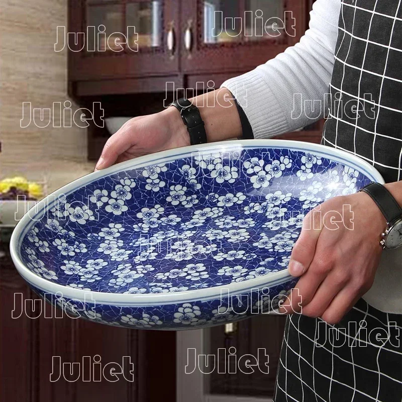 Large Dinner Plate Household Use Ceramic Plates Classic Pattern Tableware Decor Creative Design Restaurant Living Room Plates