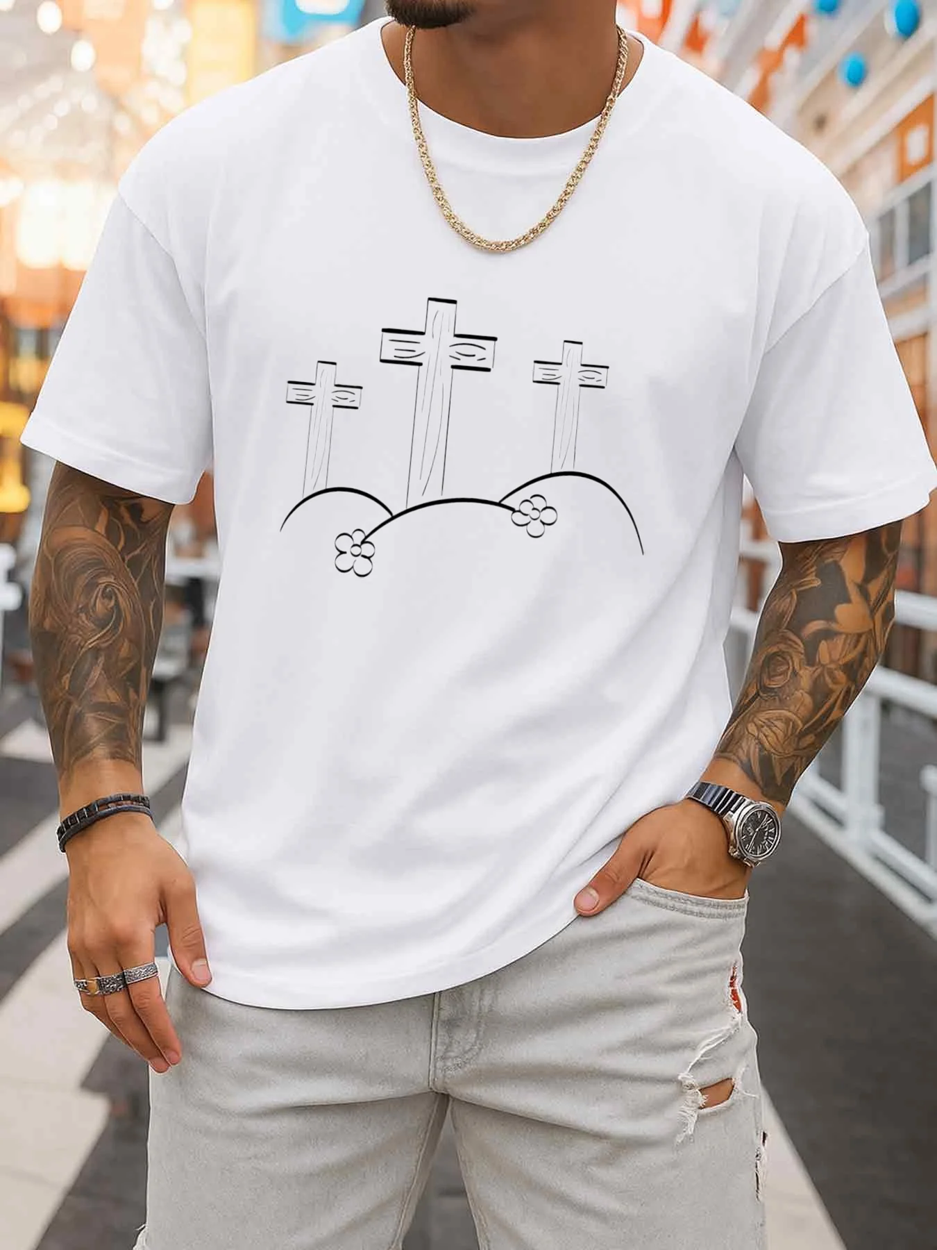 Men's Round-Neck T-Shirt with Three-Pointed Cross Pattern, White Elegant Print, Short Sleeves, Suitable for Casual Wear, Office, Dating, and Outings, Weekend Casual Wear, Unique Design Summer Print, Comfortable Elastic Fabric