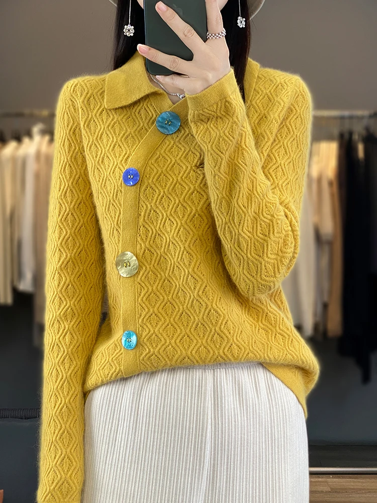 2024 Spring Women Turn-down Collar Pullover Sweater Colorful Buttons Long Sleeve Hollow Sweater 100% Merino Wool Knitwear Tops