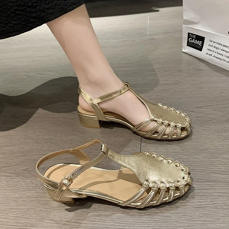 New Women T Strap Sandals Narrow Band Low Heels Dress Shoes Ladies Sliver Wedding Shoes Gold Hollow Outs Sandalias Mujer Summer