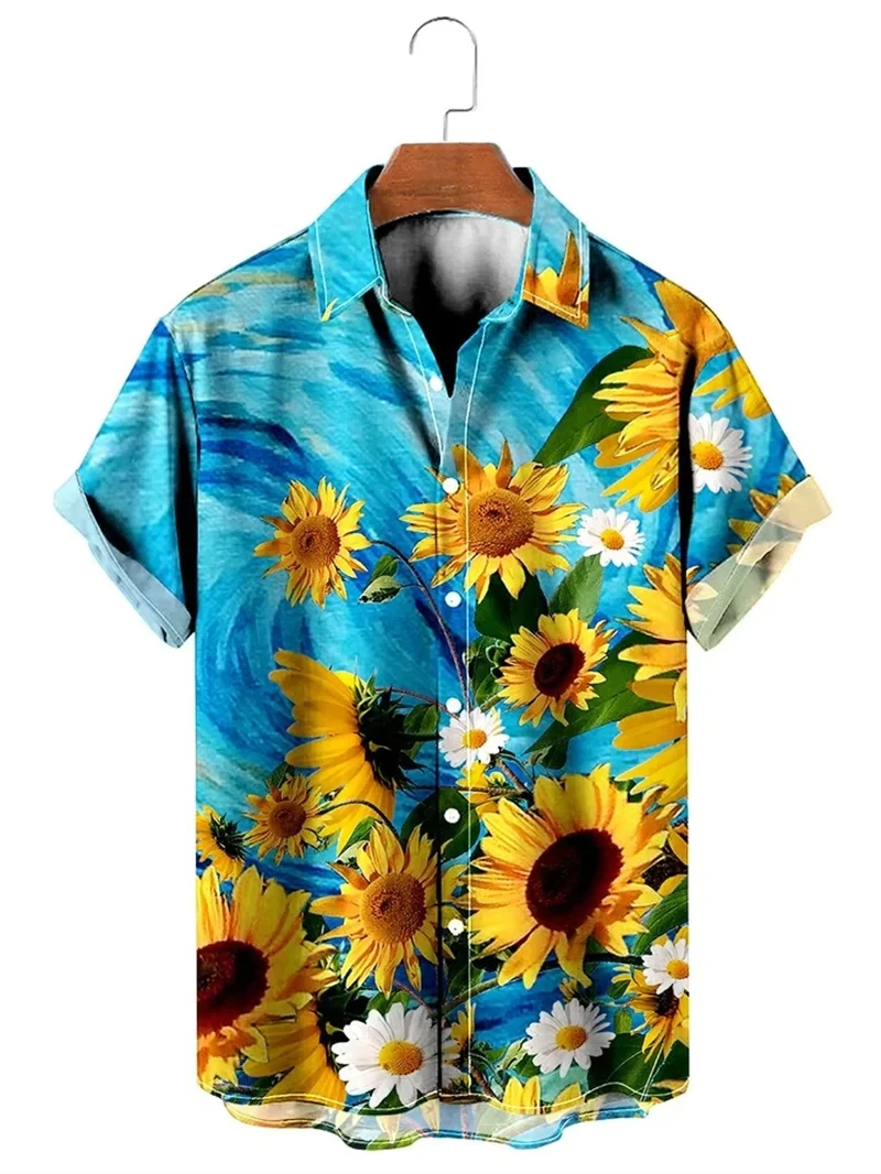 Sunflower Hawaiian Men Shirt 3D Printed Man/Women Casual Fashion Short Sleeves Shirts Button Lapel Tops Oversized Unisex Clothes