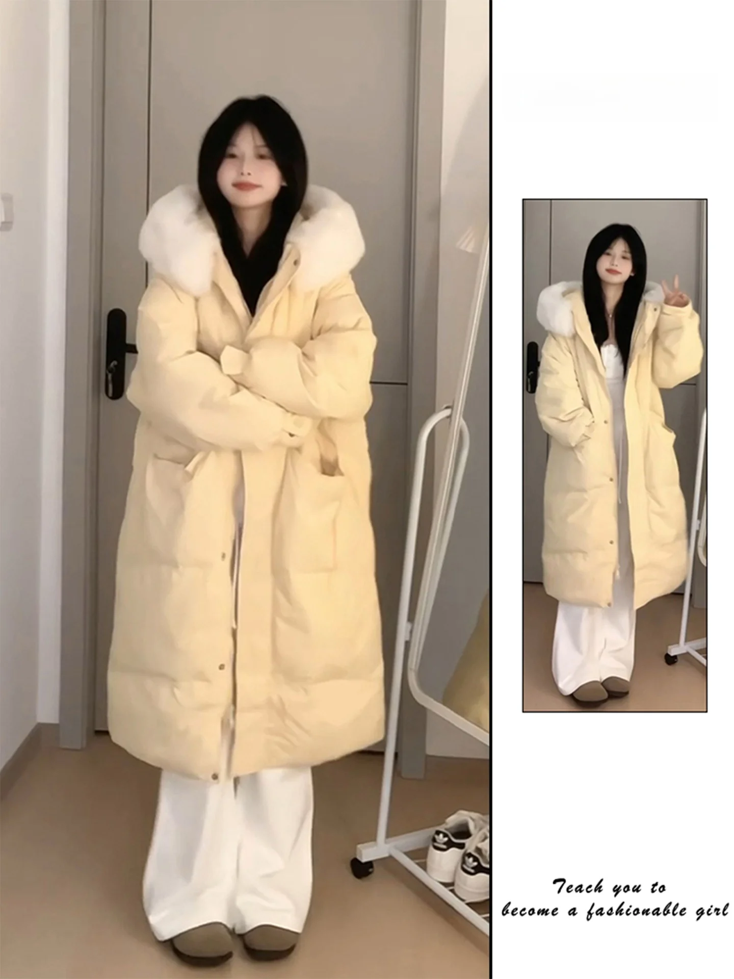 

Yellow Fluffy Hooded Mid-Length down Jaet Women's Thiened Winter Coat Bread Sle Cotton Clothing Korean Loose Fit