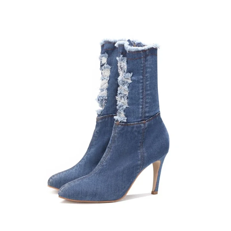 Botas curtas casuais femininas com zíper lateral oco, botas jeans na moda, estilo europeu e americano, primavera e outono