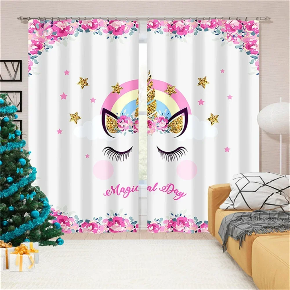 Unicorn Printed Blackout Curtains Rainbow Star Rose Unicorn Design Window Drapes for Kids' Room Bedroom Living Room Home Decor