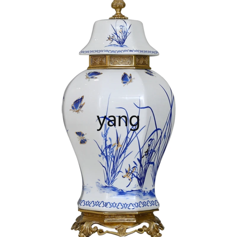 

Yjq Ceramic with Copper Temple Jar Living Room Entrance Fireplace Luxury Home Blue and White Porcelain Ornaments