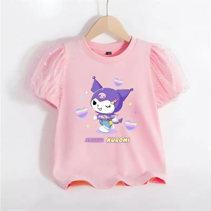 

Sanrio Fashion Children's Clothing Kuromi Cotton T-Shirt Girls New Style Summer Lace Puff Sleeve Girls Cotton Cartoon T-Shirt