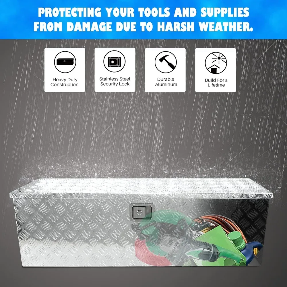 صندوق أدوات سرير شاحنة من الألومنيوم شديد التحمل مقاس 49 بوصة × 15 بوصة × 15 بوصة مع نمط مداس 5 بار لشاحنات الالتقاط، الجزء السفلي من الجسم