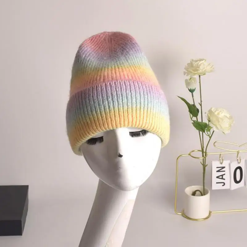 Winter Hats For Women Wool Knitted Hat Big Head Rainbow Gradient Color Warm Beanies Boys Girls Outdoor Windproof Gorra Mujer