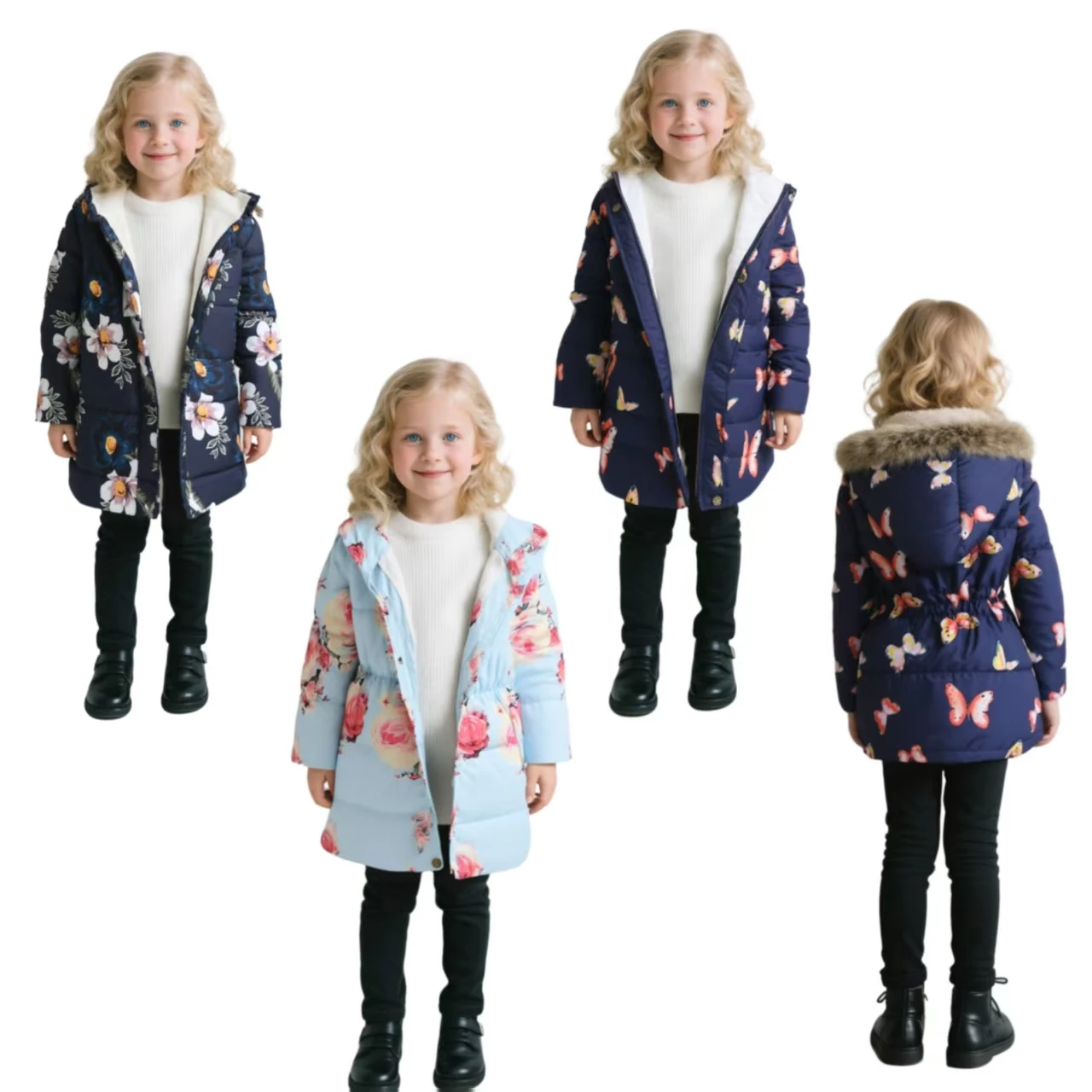 

Winter new style girls' fashionable printed cotton jacket, 3-11 years old, thickened with fur collar and hat, casual cotton jack