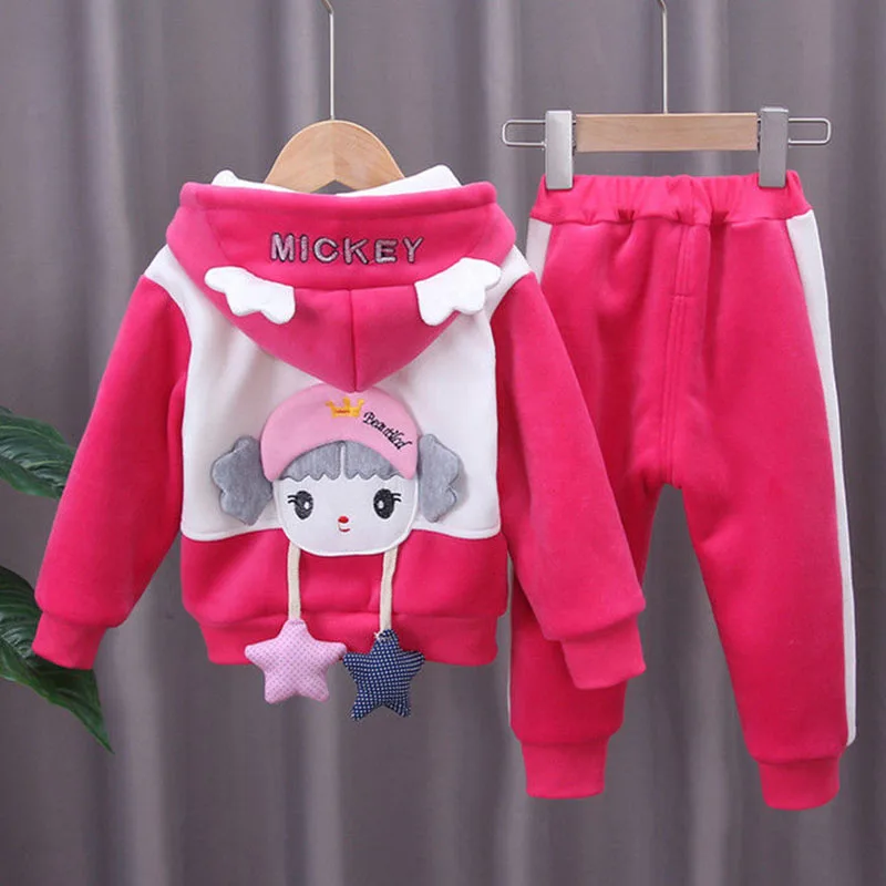 Winter Velvet Patchwork Kids 2 Piece Sets Thick Hoodies Zipper Coat Girls Conjunto Warm Plush Jogger Sweatpants Children Outfit