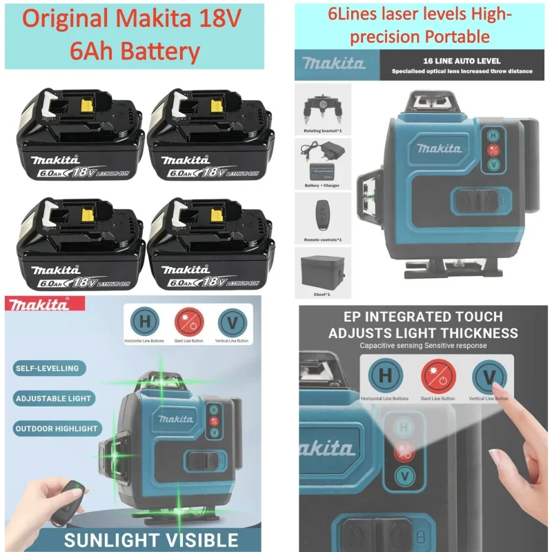 

100% Original Makita 18V 6Ah Battery 6Lines laser levels High-precision Portable 360 Green Beam Horizontal Vertical Instrument