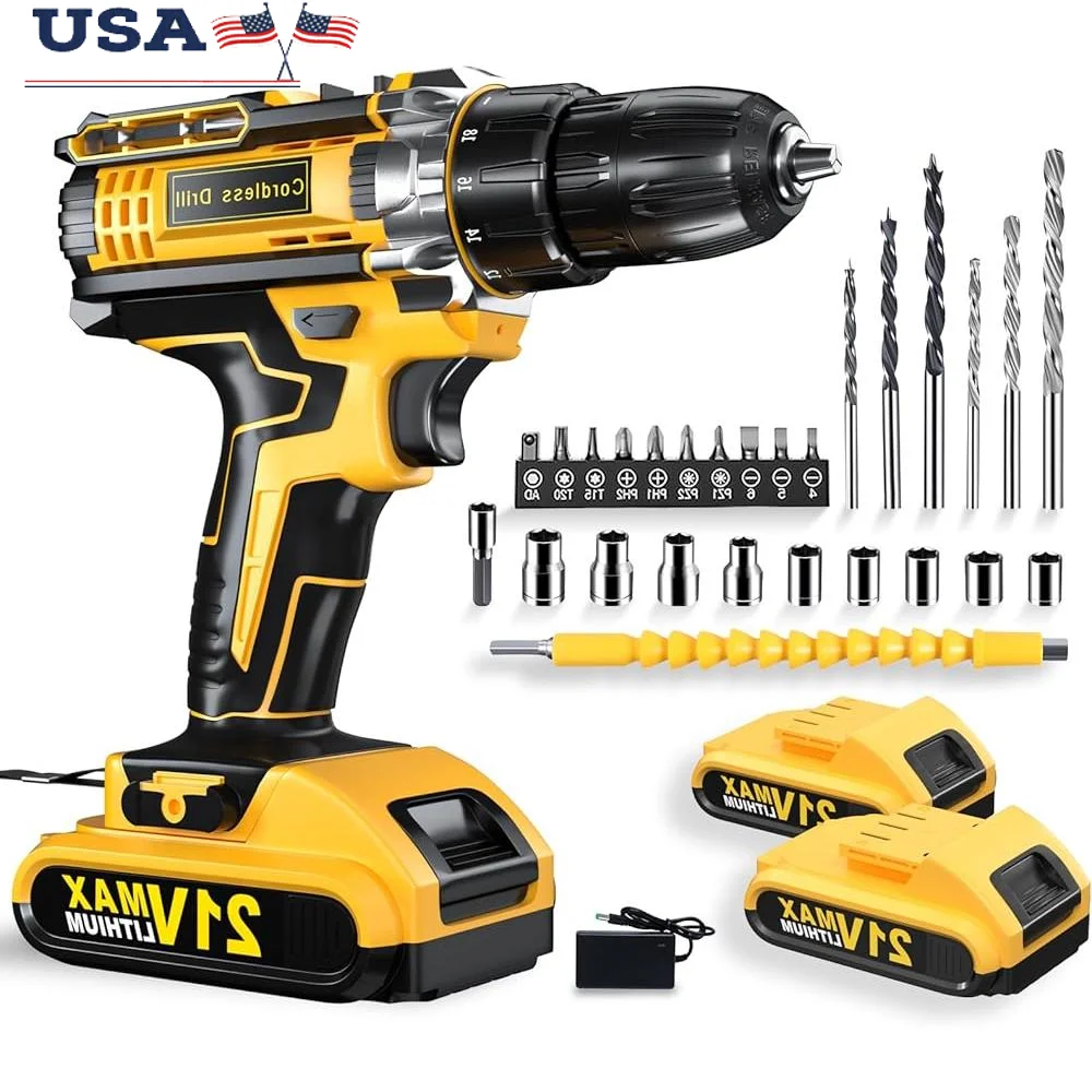 Cordless Drill 21V with 2x 2.0Ah Batteries 370In-lbs 25 1 Torque 3/8 Inch Chuck LED Light Compact Design Electric Power Tool