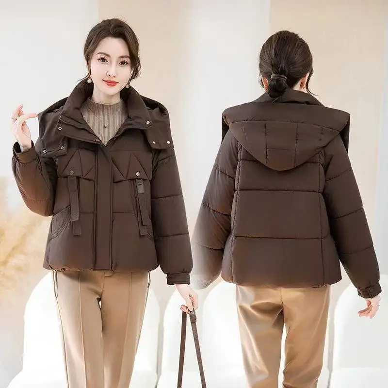Moda Inverno Parka Breve Donna Giacche imbottite in cotone 2025 Nuovo Casual Spessore Caldo Cappotto con cappuccio Cerniere Allentato Capispalla femminile