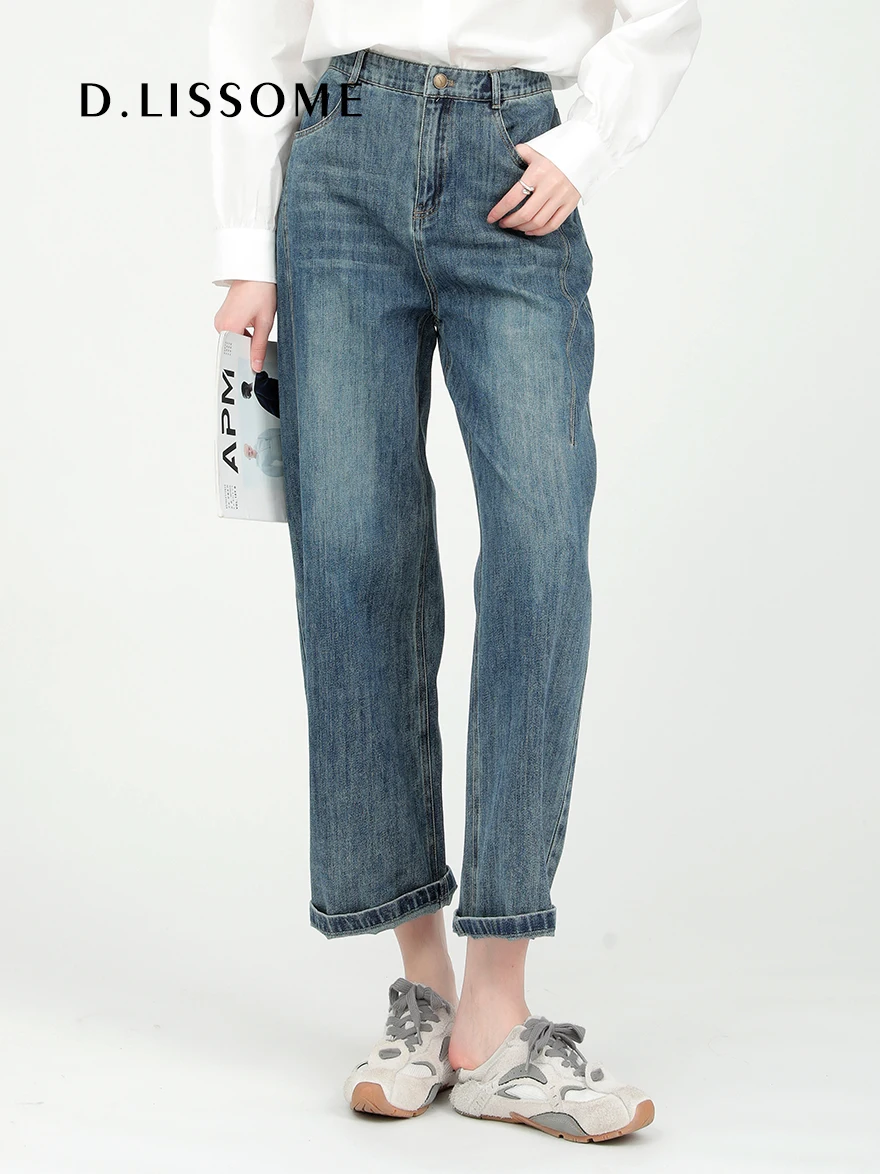 

Dailanzhi Spring 2026 High Waist Straight Leg Denim Jeans Women's Slimming Nine Point Blue Cuffed Vintage Sle Ladies Jeans