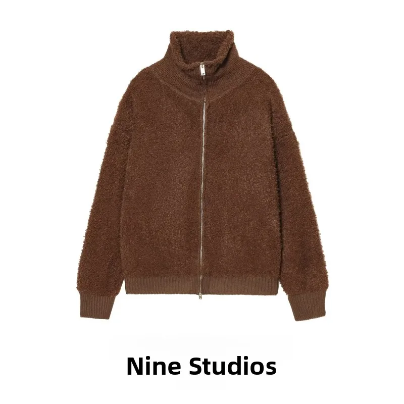 

NINE ZAR Women's Pilot Jaet Coat High Collar Zipper Decorated Circle Wool Loose Fit Long Sve Winter Outerwear