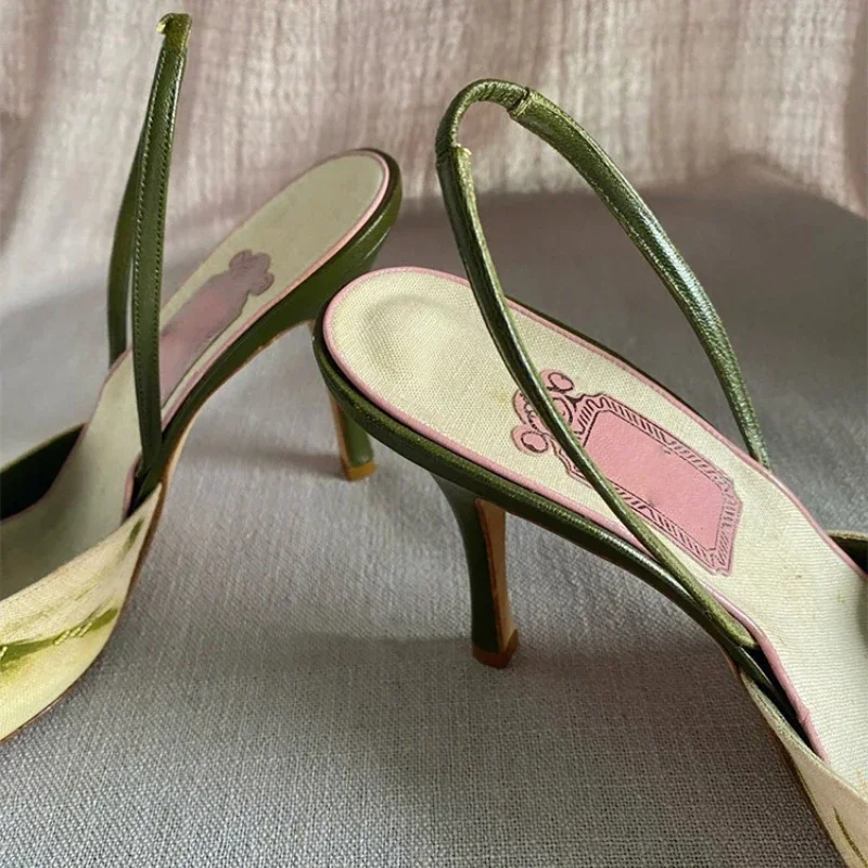 Embroidered High Heel Sandals Women Elegant Slingback Sandals Summer 2025 Pointed Toe Pumps Dress Shoes Women Zapatos De Mujer