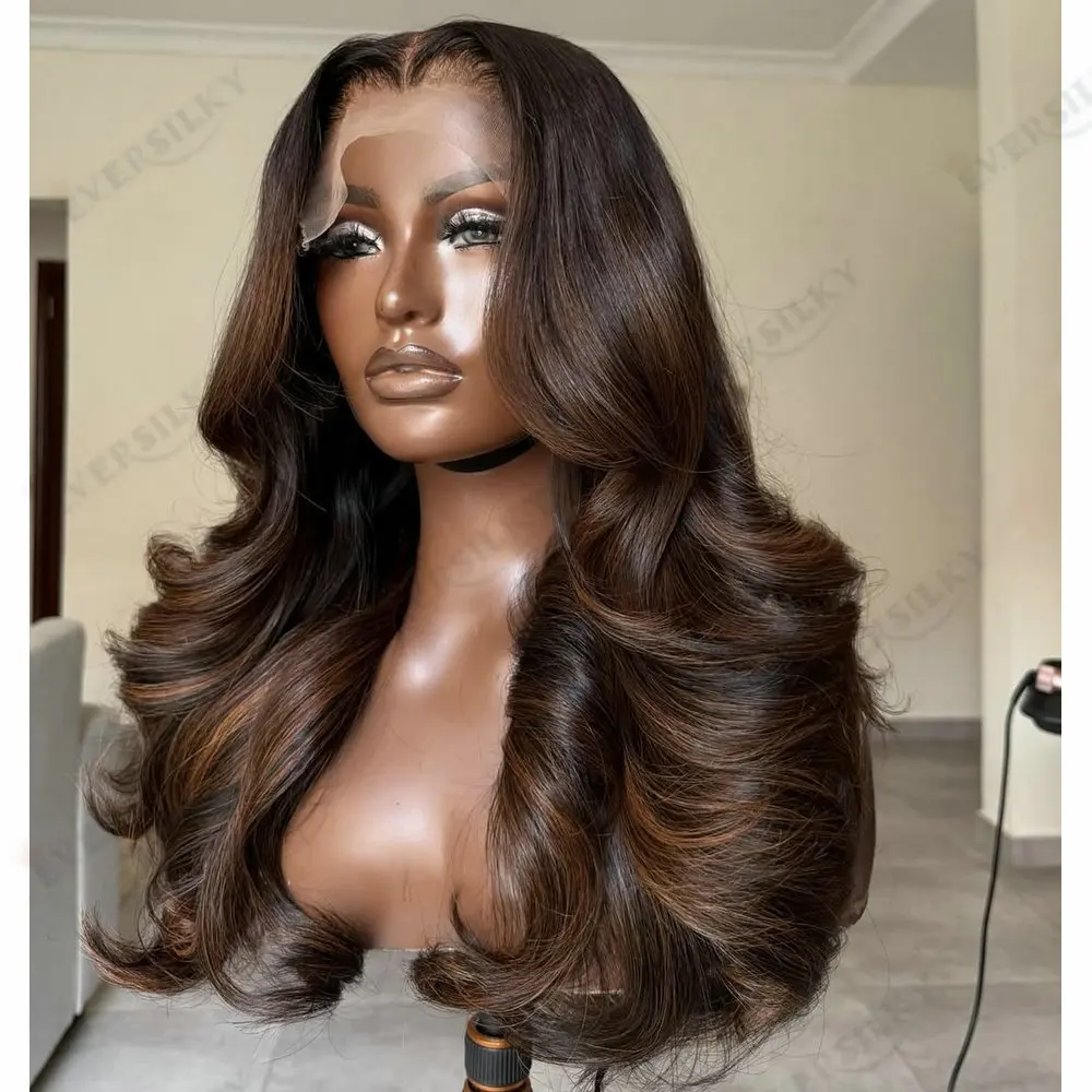

100%Human Hair Full Lace Wig Peruvian Remy Natural Hair Brown Honey Brwon Hightlight Glueless 5X5 Transparent Lace Wig for Women