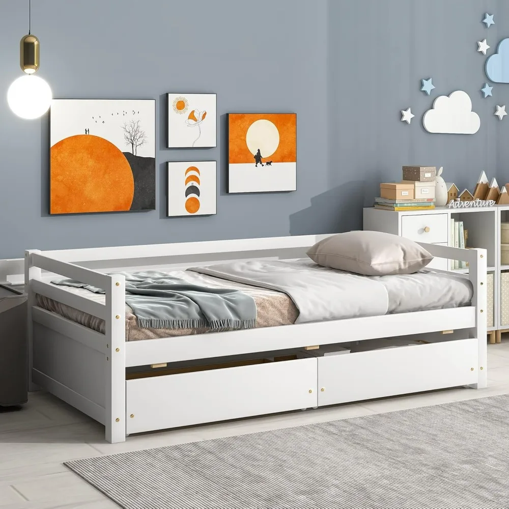 White Twin Daybed with 2 Storage Drawers,Wooden Twin Size Daybed Frame, Dual-Use Daybed Sofa Kids Bed for Living Room,Guest Room