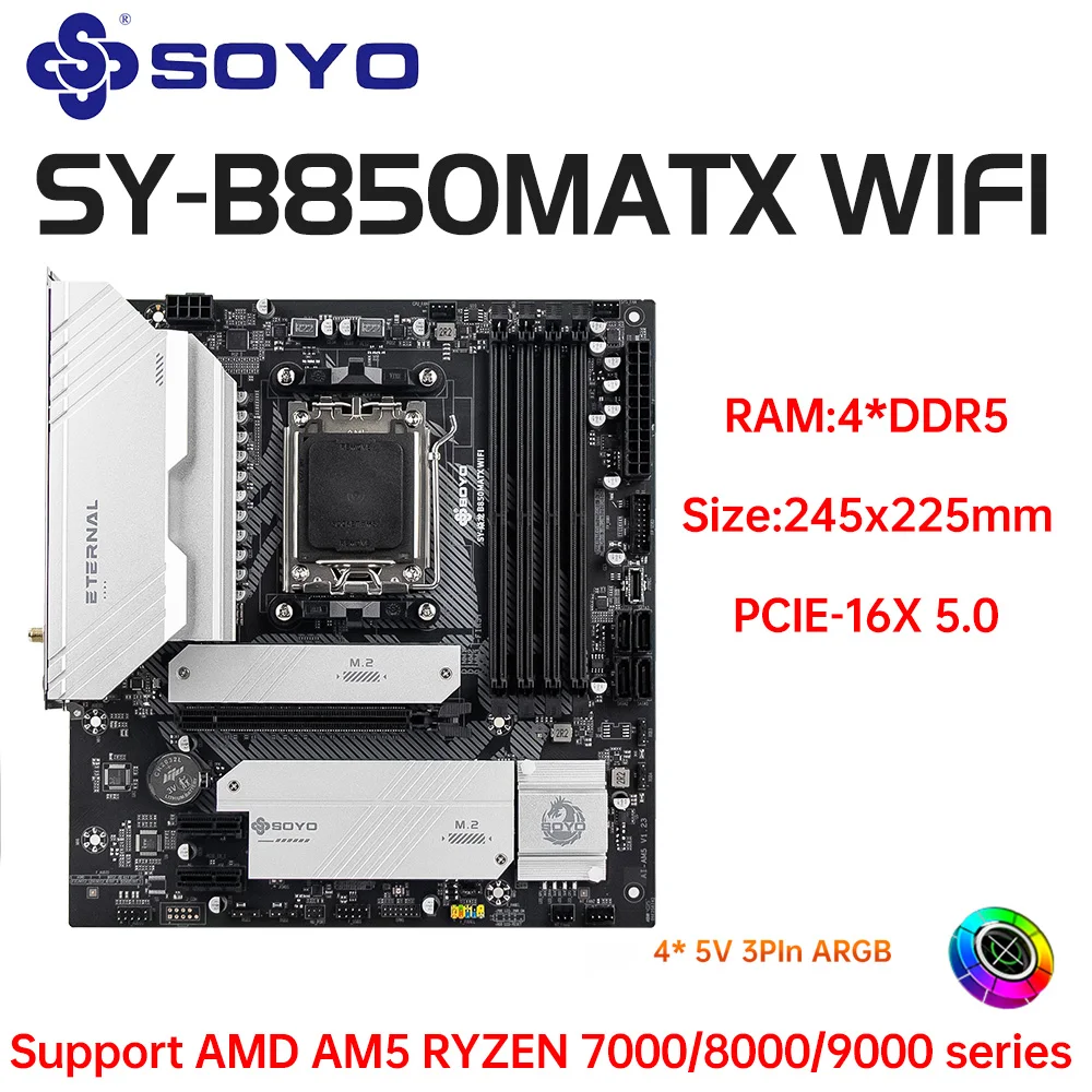 

B850M ATX AMD Motherboard AMD Ryzen AM5 DDR5 Supports CPU 7000 8000 9000 Processors Pcie5.0x16 Pcie4.0x4 M.2 ARGB WIFI6 SOYO