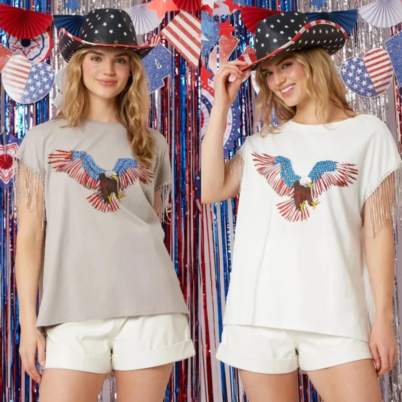 

Eagle Printed T-shirt American Casual Tassels Design Short Sleeve Tops Women 2024 Spring Summer Fashion Loose O-Neck Clothing