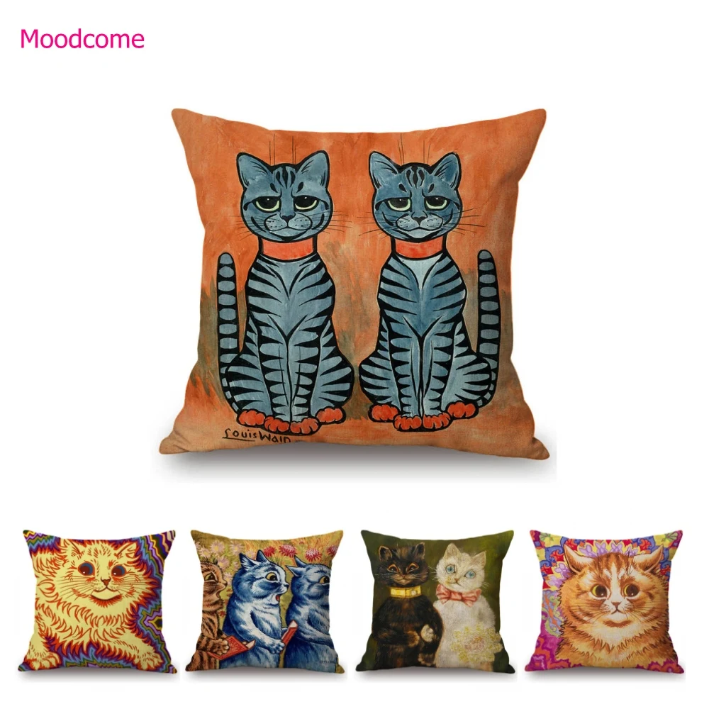 Lovely Cartoon Cute Cat Oil Painting Louis Wain Famous Art Kitten Pet Animation Home Decor Sofa Pillow Case Linen Cushion Cover