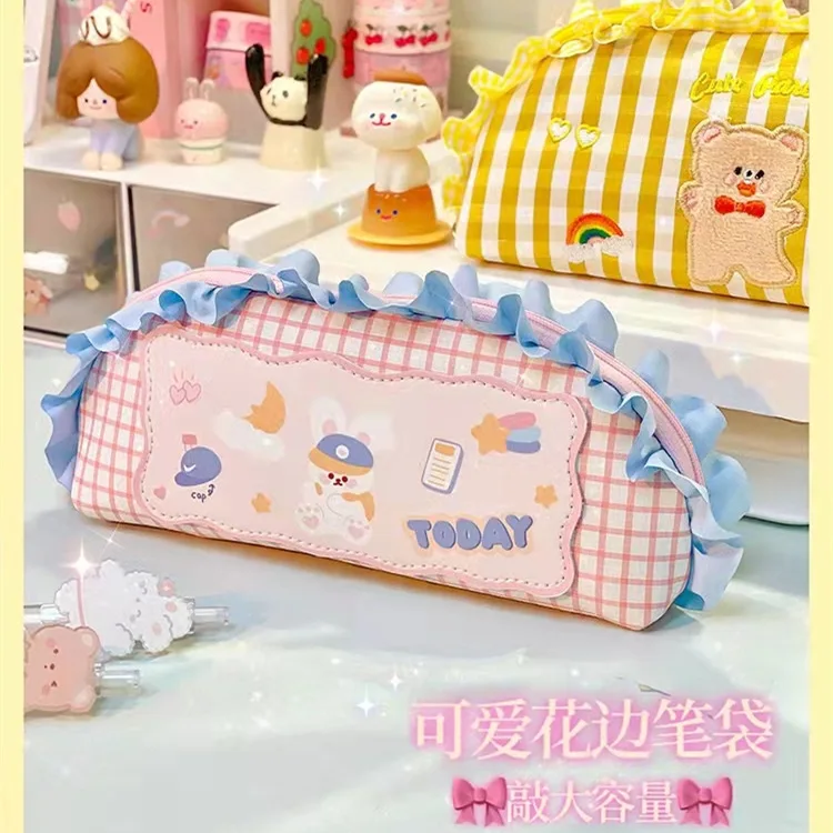 

Korean Version Cute Cartoon Lace Pen Bag Student Large Capacity Storage Bag INS Stationery Bag Korean Stationery