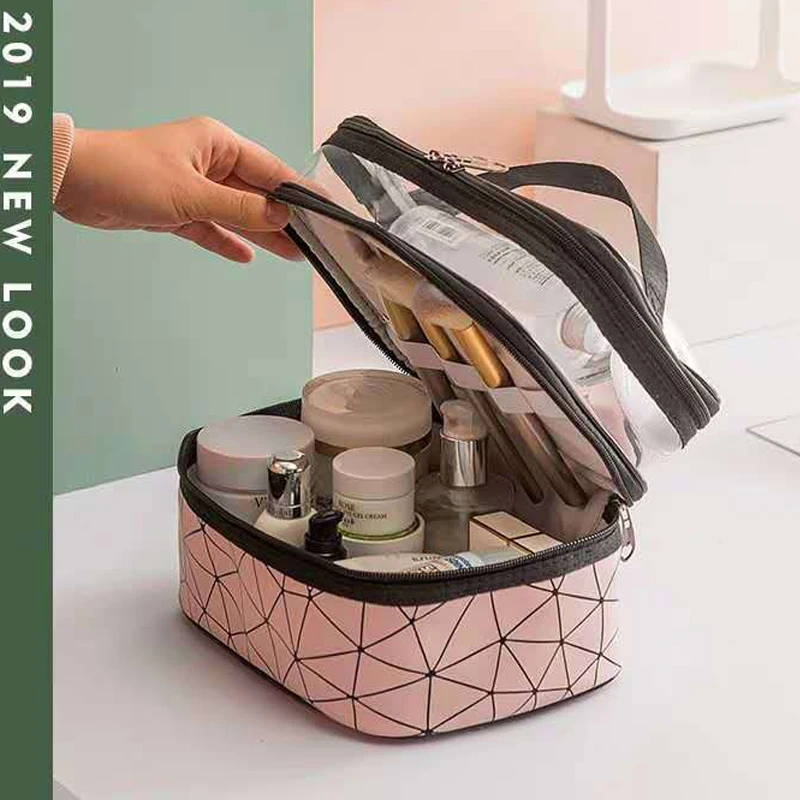 Bolsa de cosméticos transparente doble multifunción para mujer, estuche de maquillaje de gran capacidad, organizador de maquillaje de viaje, almacenamiento de artículos de tocador y belleza