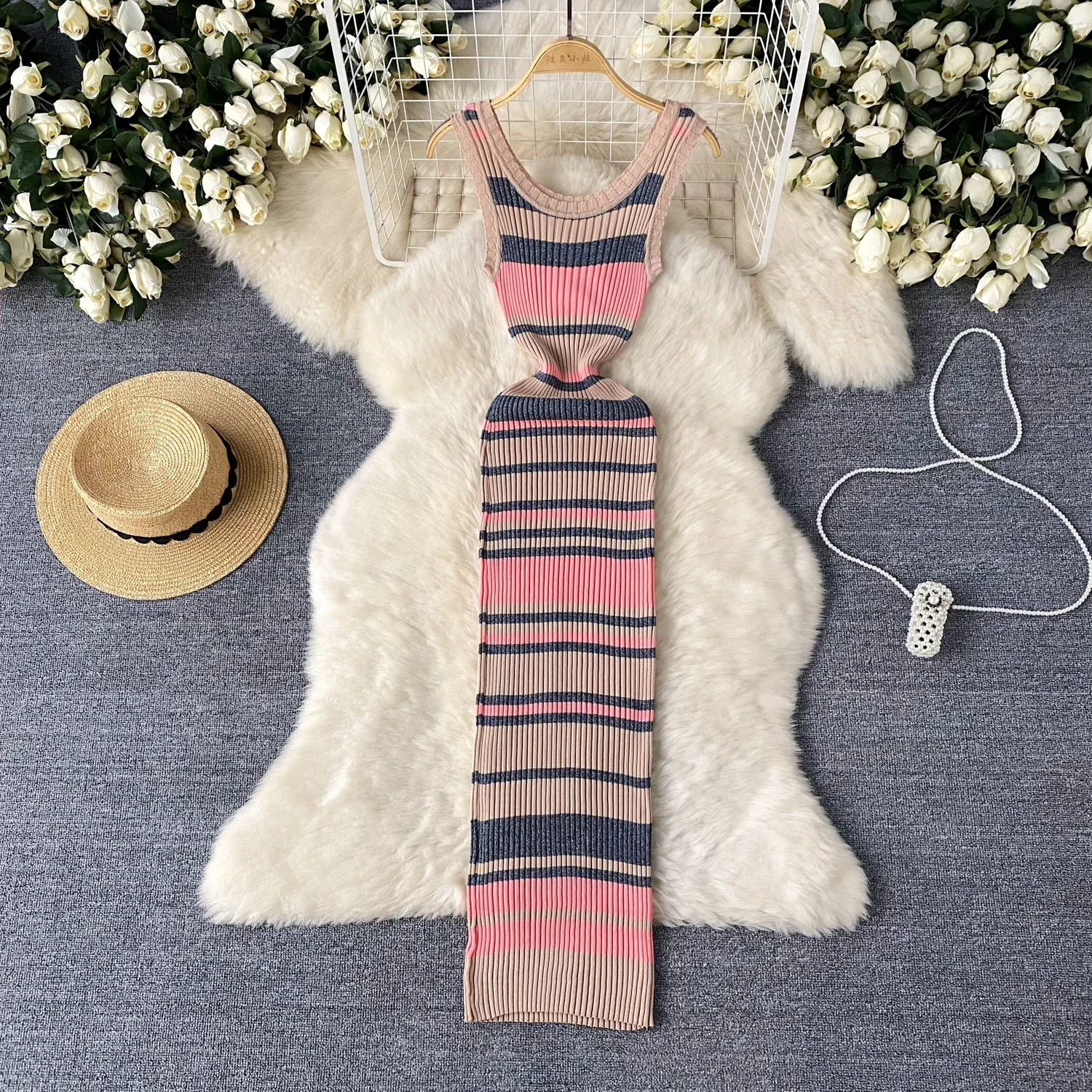 2024 Summer Strip Knit Sexy Strap Dress Women Tank Elatic Waist Bodycon Sundress Female Beach Long Dress