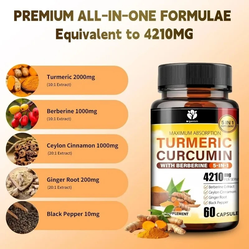 Turmeric and Curcumin Supplements with Black Pepper, Ginger, Berberine, Ceylon Cinnamon - Daily Health Support