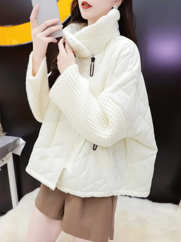 

Autumn Winter New Casual Loose Stand Collar Warm Knitted Cotton Jaet Top Women Long Sve White Cotton Clothes