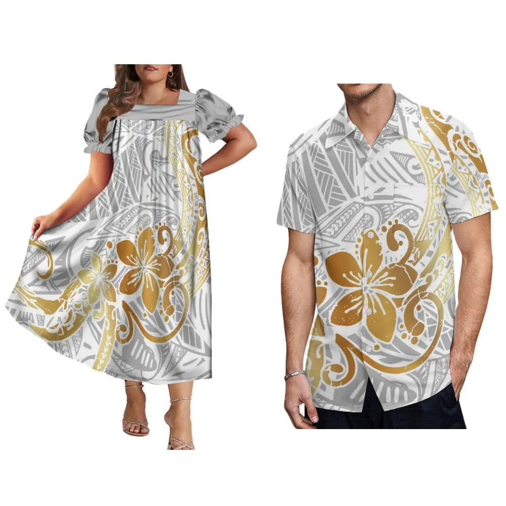 Polynesian Island Dress Mumu Maxi Dress With Puffed Sleeves For Women And Hawaiian Men'S Shirt Samoa Plus-Size Couple Suit