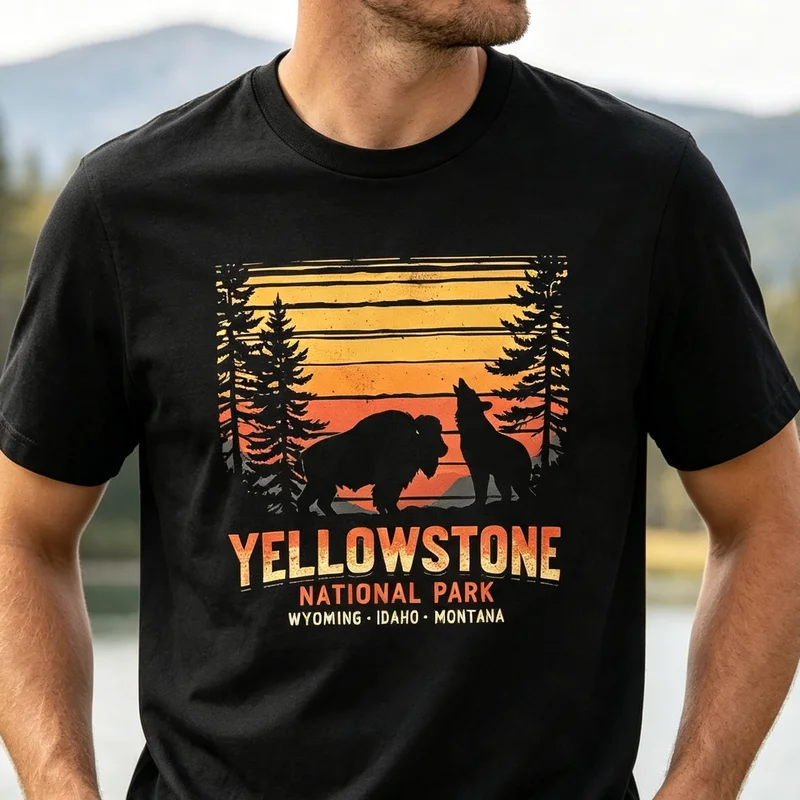 Retro Wildlife Silhouette T Shirt Yellowstone National Park Sunset Fores Cotton Short Sleeve Casual Top Unisex Travel Streetwear