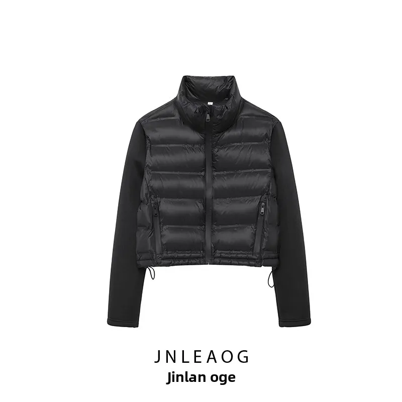 JNLEAOG Faionable Bla Spliced Cotton Jaet Women's ort Outerwear Autumn New Sle High Collar Zipper Closure Long Sve