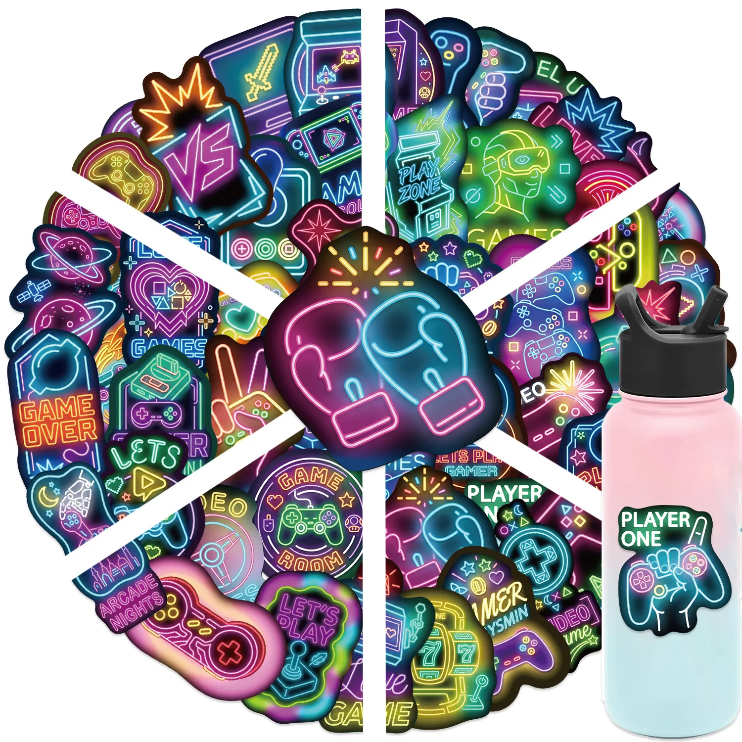 New 50PCS Neon Video Game Cartoon Stickers, PVC Waterproof Decals for Scrapbook Journal Phone Case Guitar, DIY Decor Gift