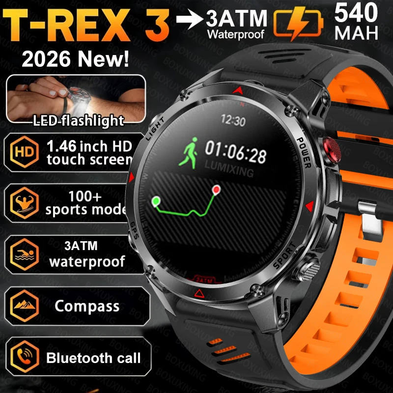

2026 New Built-in GPS Outdoor Military Smart Watch Men 1.46" AMOLED Compass Altimeter 3ATM Waterproof Clock BT Call SmartWatches