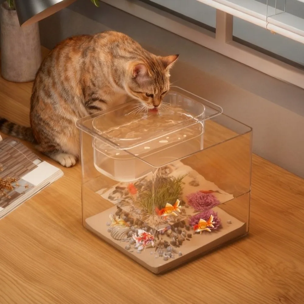 

Multi-functional Transparent Double-layer Fish Tank Cube Plastic Cat Water Bowl Shatterproof Cat Drinking Bowls Home Decor