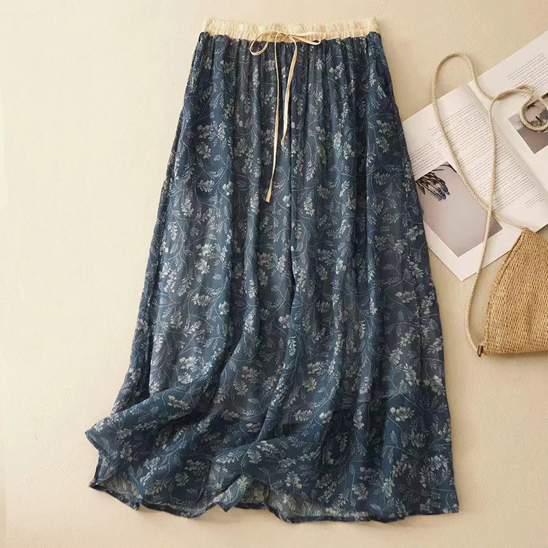 

Retro Literary Ladies Skirts 2024 New Summer Floral Print Large Swing Mermaid Skirt Bohemian Holiday Beach Midi Skirts for Women