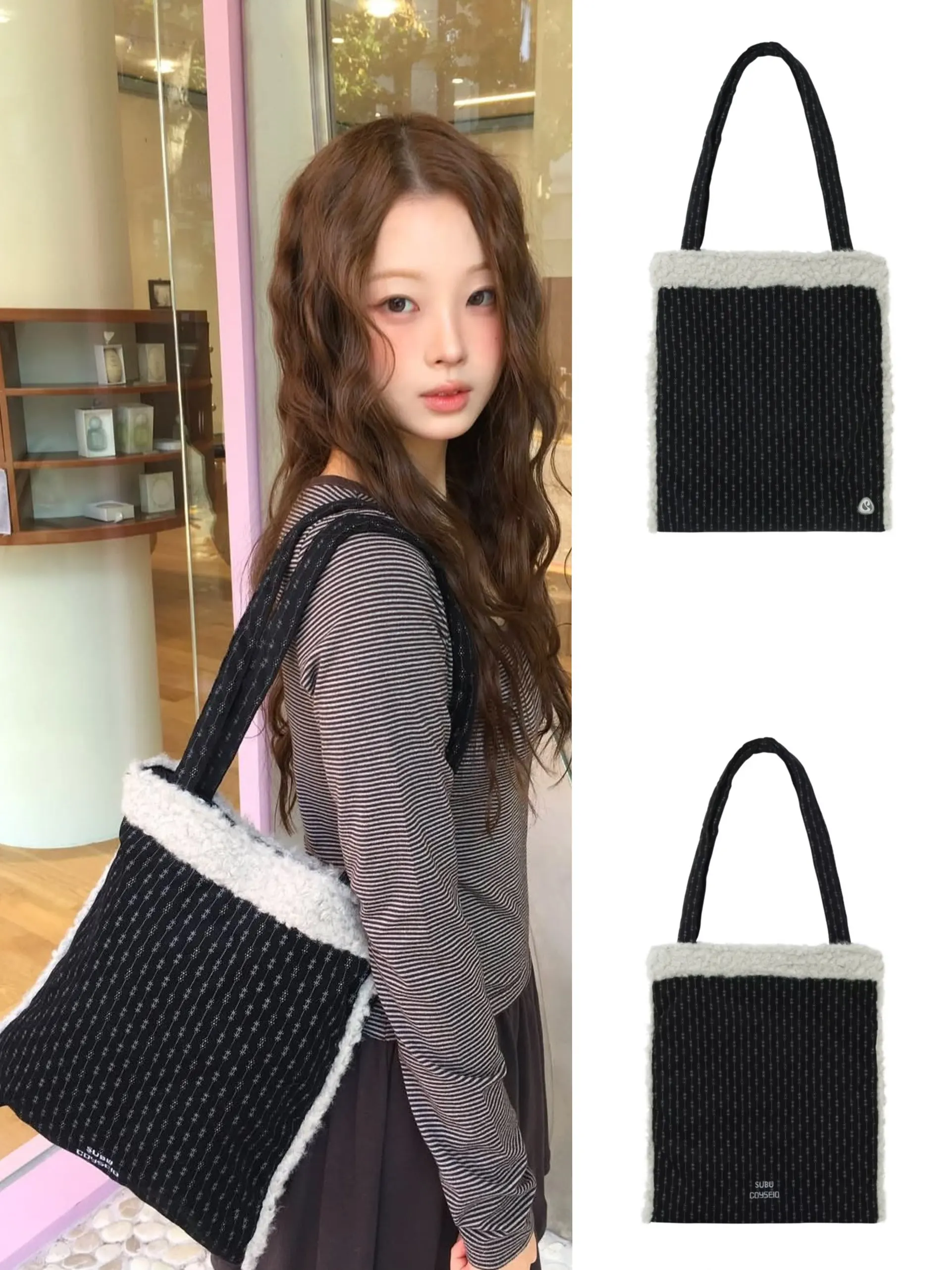 Coyseio Korean Style Corduroy Striped Handbag Lightweight Commuter Single Shoulder Bag for Women Magnetic Clasp Soft Polyeste...