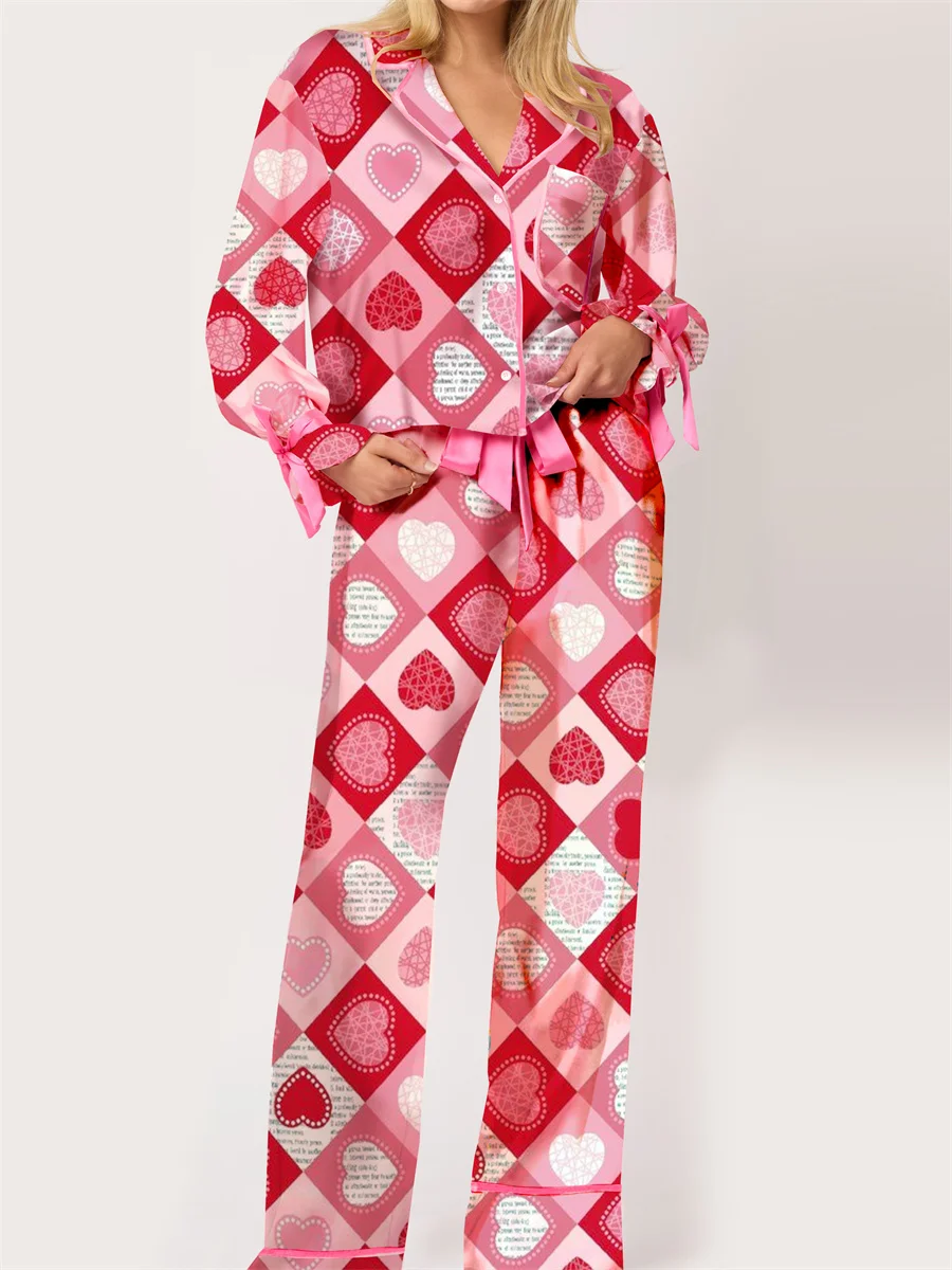 Women Valentine's Day Pajamas Set Cute Bow Tie Heart Print Silk Long Sleeve Shirt and Elastic Pants Set Satin Pjs Sleepwear