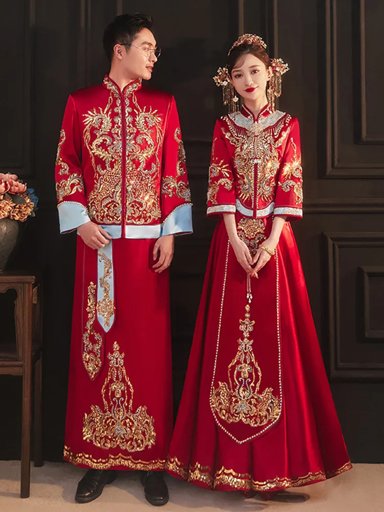 

Chinese Embroidery Bride Bridegroom Costume Oriental Style Marriage Set Toast Clothing Vintage Lovers Wedding Dress Cheongsam