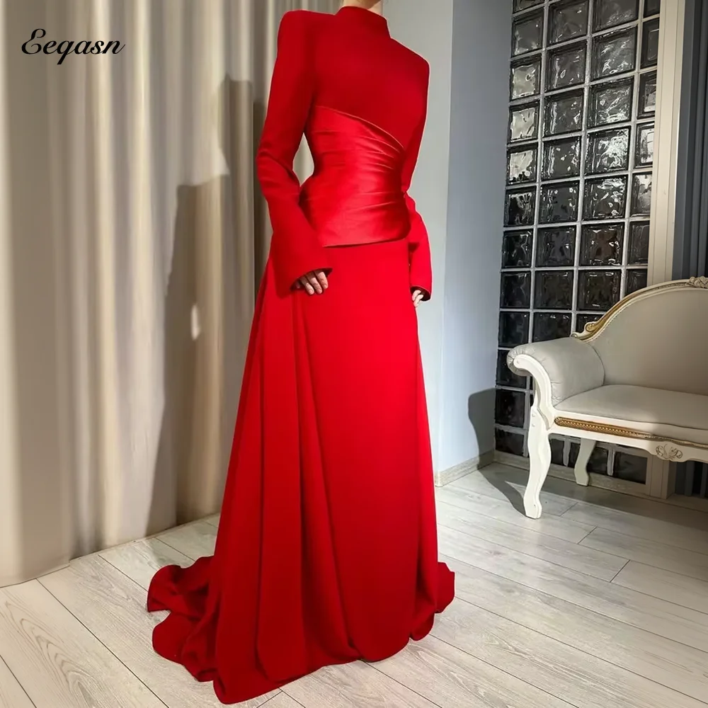 

Elegant Evening Dress Red Long Sleeve Satin Evening Saudi Dubai Robe Soiree Wedding Party Dresses Customized فساتين سهرة